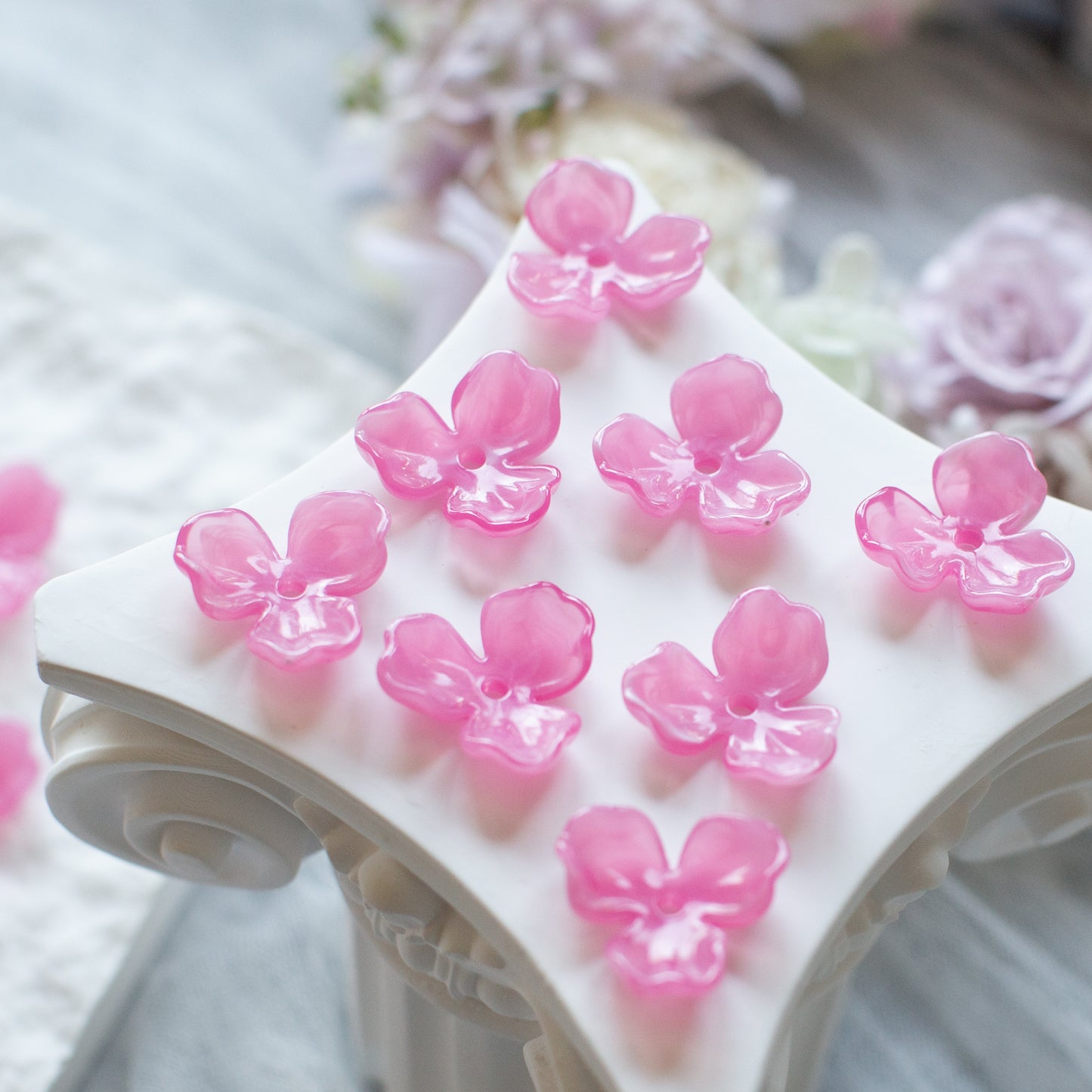 *6個* 樹脂フラワービーズ ピンク フラワーチャーム フラワーカボション PS-0058