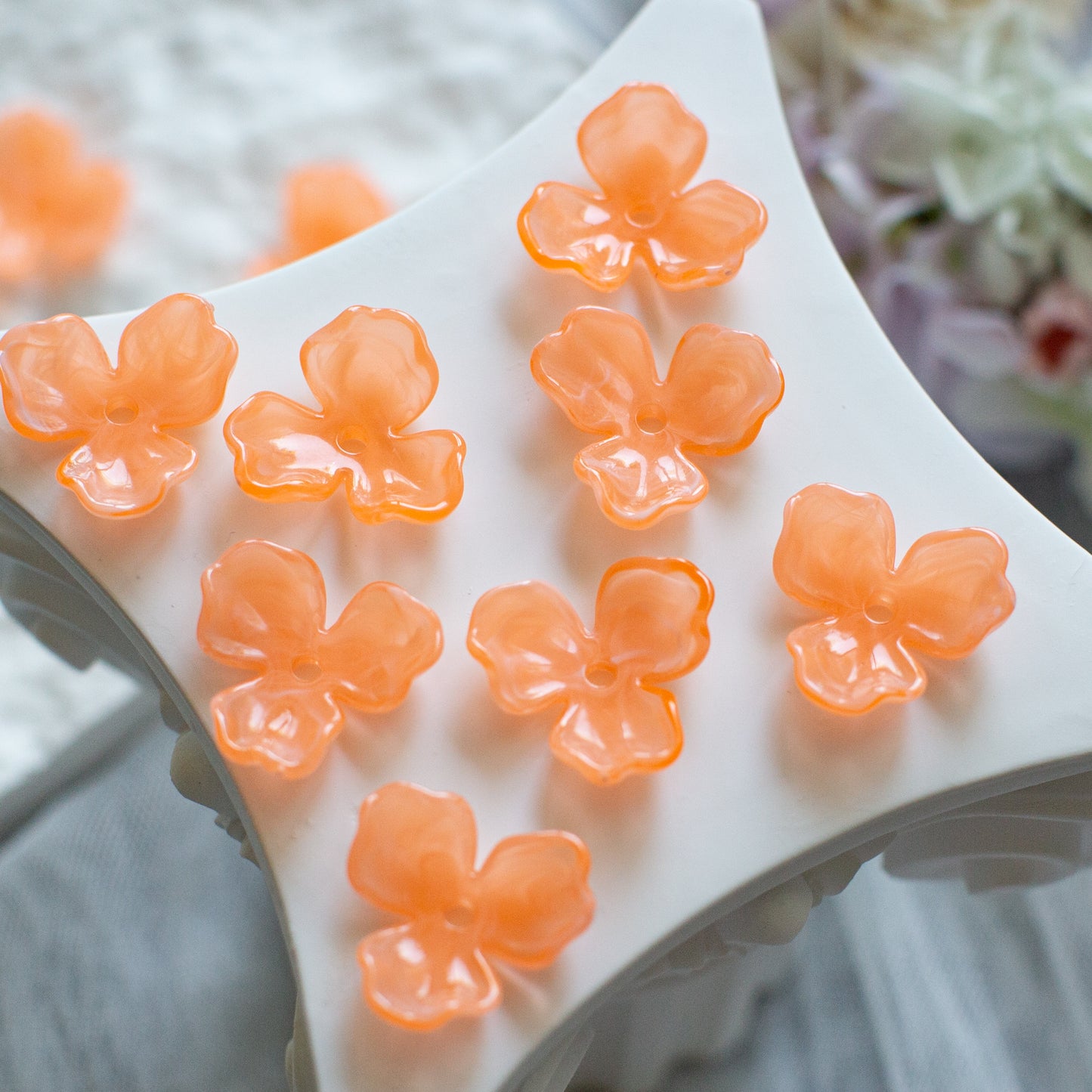 *6個* 樹脂フラワービーズ オレンジ  フラワーチャーム フラワーカボション PS-0060